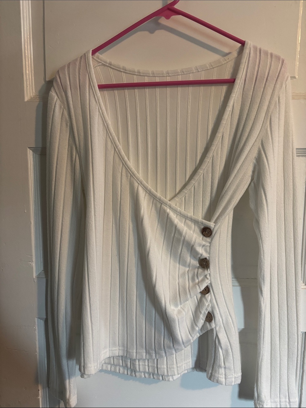 SHEIN White Ribbed Wrap-Style Long Sleeve Top with Buttons